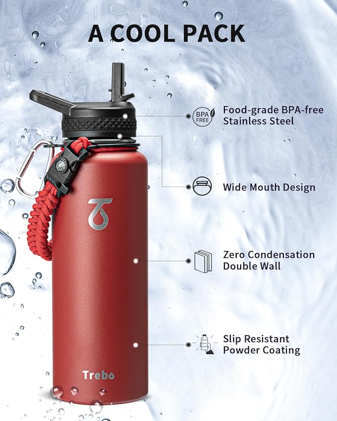 Trebo Water Bottle 40oz with Paracord Handle, Half Gallon Large Vacuum Double Wall Stainless Steel Insulated Water Jug with Holder Strap Straw Spout Lids, Leakproof Keep Cold & Hot, Red
