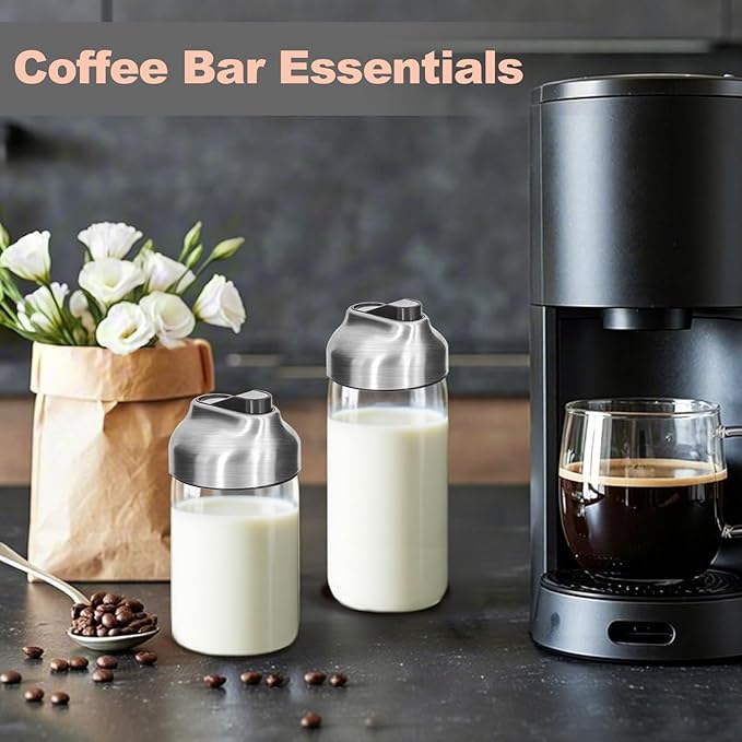 Aelga Glass Coffee Creamer Container Set, Creamer Pitcher 7oz + 12oz Glass Dispenser Container Set for Creamer, Milk and Spices, Coffee Bar Accessories, Pack of 2