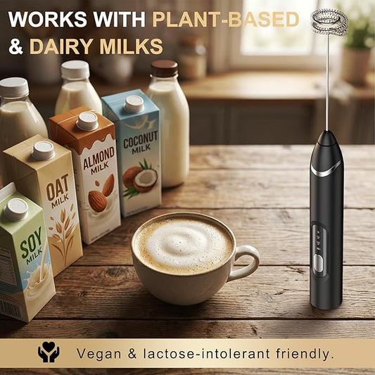 Rechargeable Plant Milk Frother Handheld, Coffee Milk Frother 3 Speed Portable Electric Foam Maker with 2 Detachable Stainless Steel Whisks for Plant-Based Milk Oat Almond Latte Cappuccino Matcha