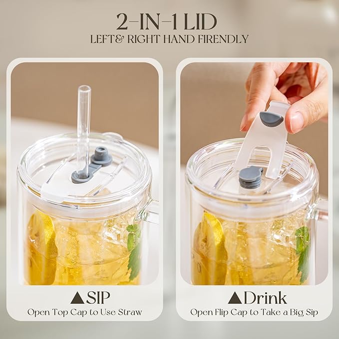 KEMORELA 28 oz Double Wall Glass Tumblers with Handle, Set of 4 | Insulated Glass Cups for Iced Coffee, Smoothie & Cold Brew | Also Perfect for Hot Coffee & Tea | Large Capacity, Thick Glass