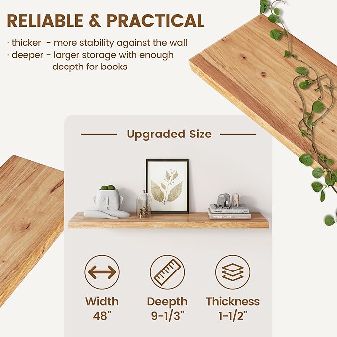 Reclaimed Elm Wood Floating Shelf for Wall, Flat Edge 48"W x 9.2"D x 1.4"H, 1 Pack with Invisible Bracket, Large Wall Mounted Shelf for Living Room Bedroom Kitchen Bathroom Decor, Natural Finish