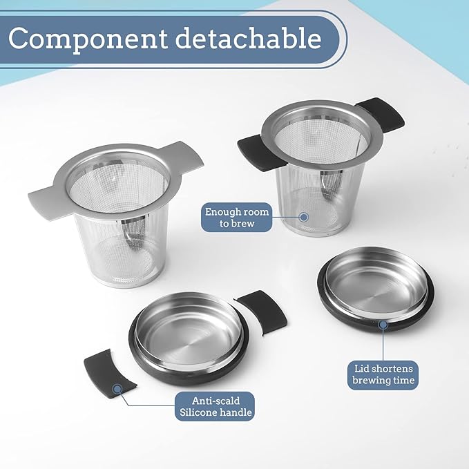 2 Pack Tea Strainers for Loose Tea Stainless Steel Fine Mesh Steeper & Infuser with Large Capacity Tea Diffuser Basket and Lid Fits for Cup