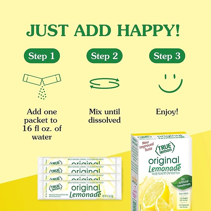 TRUE LEMON Original Lemonade Drink Mix | No Artificial Sweeteners, Low Calorie | Water Flavor Packets & Water Enhancer with Stevia 10 Count (Pack of 12)