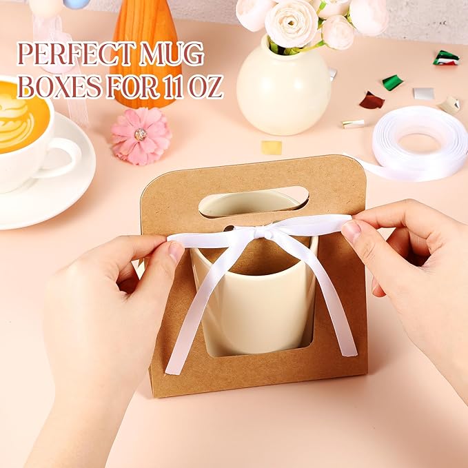 Motipuns 24 Pack Mug Boxes for Gifts 11 oz Coffee Mug Gift Boxes with 1 Roll Ribbon Sublimation Cups Packaging Bags for Sublimation Coffee Cups Blanks Wrapping(Brown)