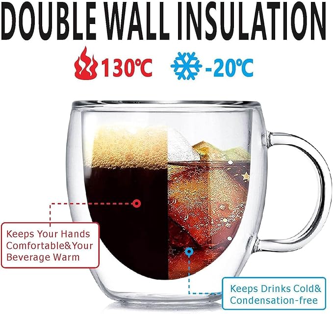 Espresso Cups Set Of 2 5 Oz, Double Walled Glass Coffee Mugs with Handle,Insulated Layer Coffee Cups,Clear Borosilicate Glass Mugs,Perfect for Cappuccino,Tea,Latte,Espresso,Hot Beverage,Wine