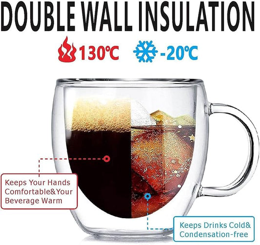 Espresso Cups Set Of 2 5 Oz, Double Walled Glass Coffee Mugs with Handle,Insulated Layer Coffee Cups,Clear Borosilicate Glass Mugs,Perfect for Cappuccino,Tea,Latte,Espresso,Hot Beverage,Wine