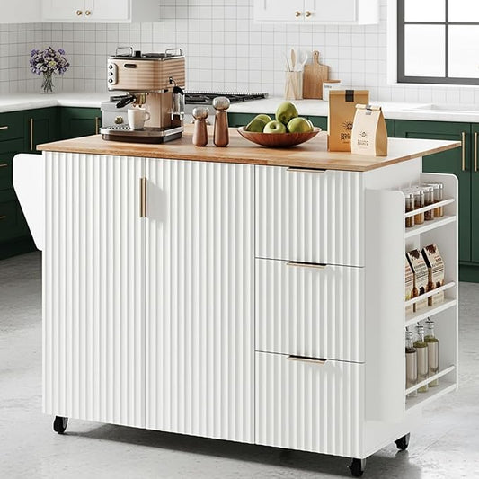 VINGLI Fluted Kitchen Island with Storage, Rolling Kitchen Cart on Wheels with 2 Drawers & 4 Doors, Adjustable Shelves, Portable Kitchen Island with Rubber Wood Top, White