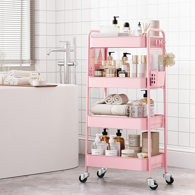 TOOLF 4 Tier Rolling Cart with Pegboard, Metal Storage Organizer Cart with Wheels, Hooks & Bins Esthetician Craft Art Sturdy Storage for Bathroom, Kitchen, Office, Nursery Diaper