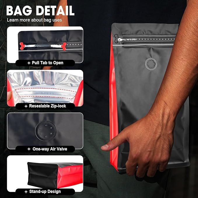 Coffee Bags with Valve(60pcs,8oz,0.5lb) Vented Coffee Beans Packaging Bags High Barrier Aluminumed Foil Flat Bottom Heat Sealed Side Zipper Resealable Storage Bag for Home or Business（Black+Red）