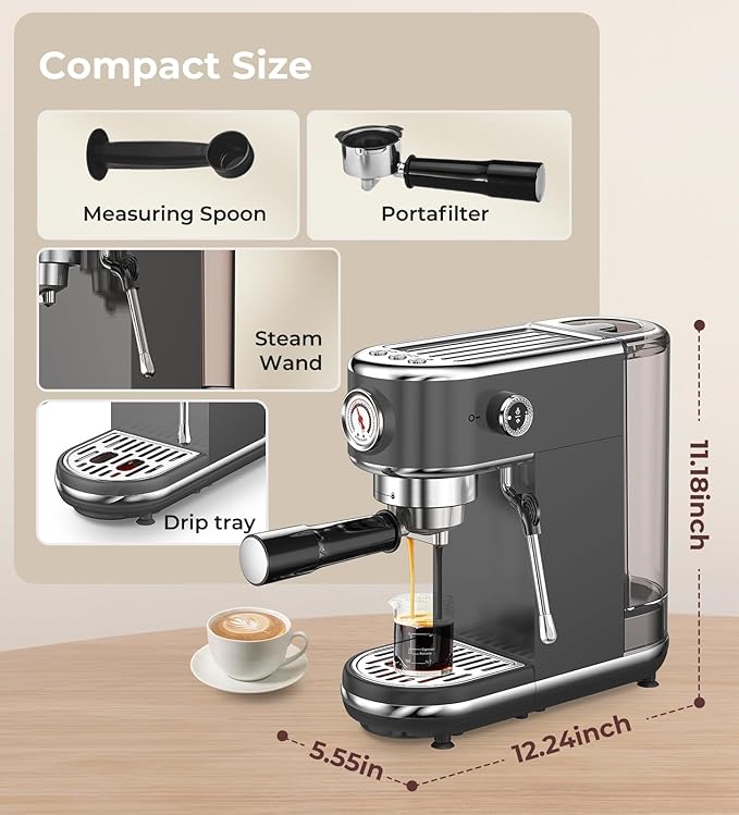 20 Bar Espresso Machine with Milk Frother, Compact Espresso Maker, Stainless Steel Coffee Machine with Precise Temp Control & 44oz Removable Water Tank for Latte, Cappuccino, Dark Grey