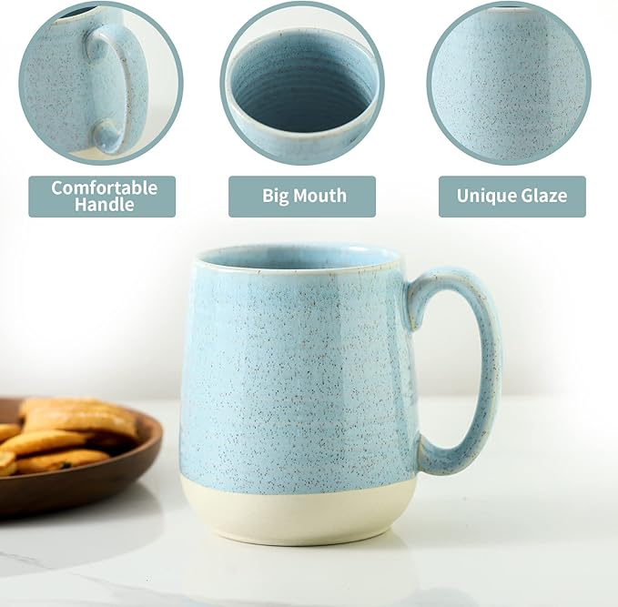 HASENSE 15 Ounce Porcelain Coffee Mugs Set of 4 with Large Handle Perfect for Coffee, Tea, Milk, Chocolate and Latte, Unqiue Glaze Ceramic Coffee Cups Set for Man and Woman, Sky Blue