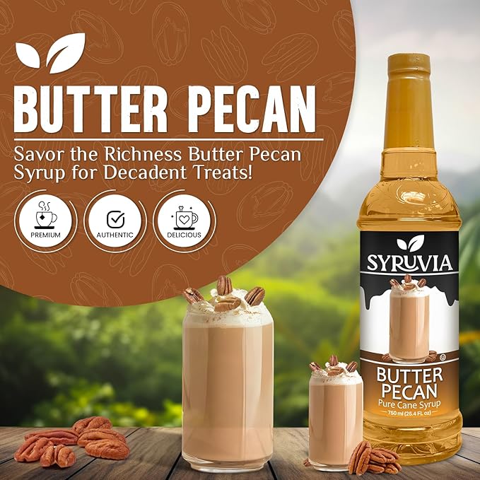 Syruvia Coffee Syrup, Butter Pecan Flavored Syrup for Drinks, Lattes, and Desserts – 25.4 fl oz, With Pump