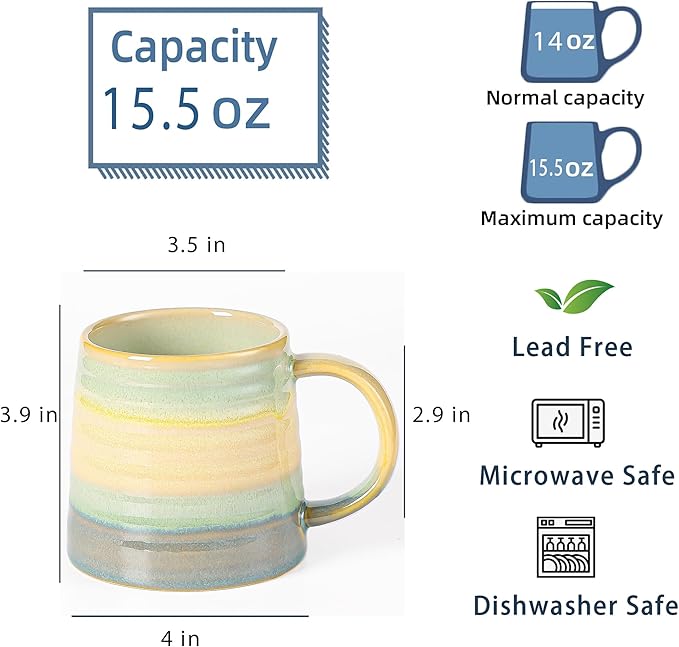 Large Ceramic Coffee Mug, Handmade Pottery Mugs, Tea Cups with Big Handle for Office and Home, 15.5 oz, Dishwasher and Microwave Safe (Grayish Blue)