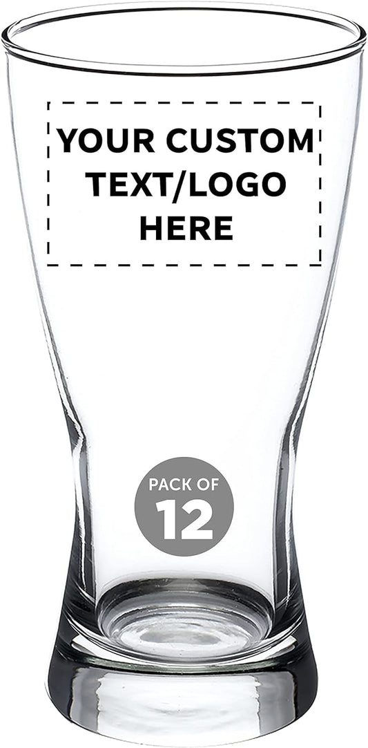 Custom Pilsner Glasses 13.25 oz. Set of 12, Personalized Bulk Pack - Made in the USA, Perfect for Hotels, Restaurants, Bars and Even Party Favors - Clear