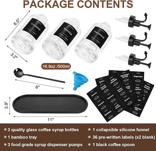 Coffee Syrup Dispenser for Coffee Bar, 16.9oz 500ml Glass Syrup Dispenser w Black Coffee Scoop, Coffee Syrup Pump Dispenser w 36 Labels and Bamboo Tray, Coffee Syrup Bottles with Black Pump, 3PCS