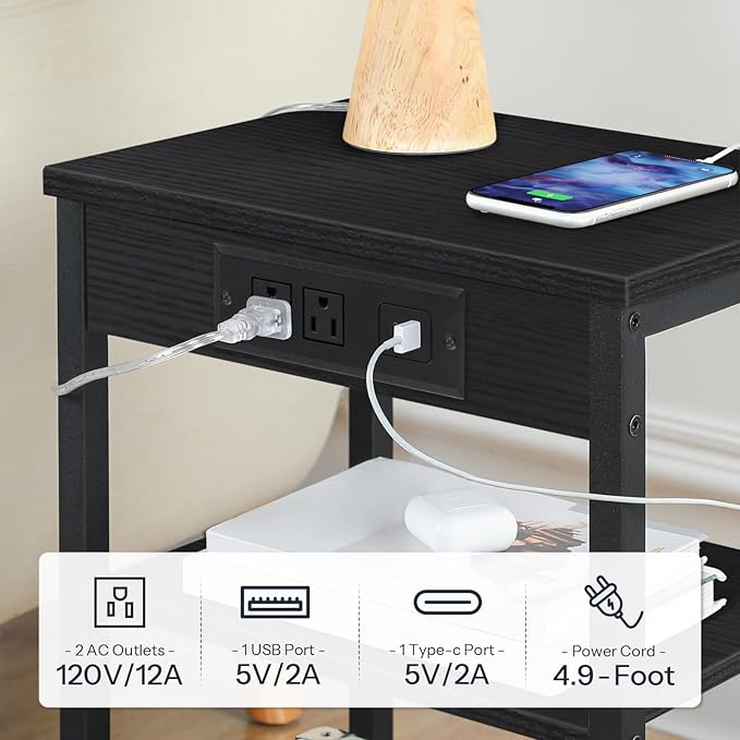 HOOBRO Side Tables Set of 2 with Charging Station and USB Port, Small End Tables for Small Space, 3-Tier Nightstands with Adjustable Shelf, for Living Room, Bedroom, Black BB112BZP201