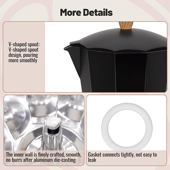 Vaolvpant 3 Cup Aluminum Moka Pot Classic Stovetop Espresso Coffee Maker 150ml 5oz Coffeemaker Percolator Mocha Pot Greca Coffee Maker Cafe Makers for Italian and Cuban Café Brewing Black