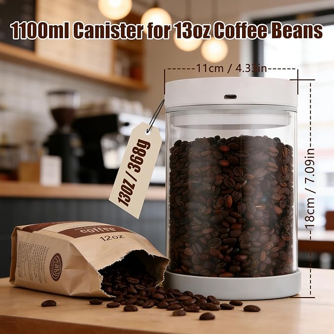 Syaws Automatic Vacuum Container,Electric Airtight Coffee Canister for 13oz Coffee Beans,1.1L Food Storage Container with Auto-Vacuum Function,Glass Jars for Flour Cereal Sugar Tea Coffee Beans Snacks