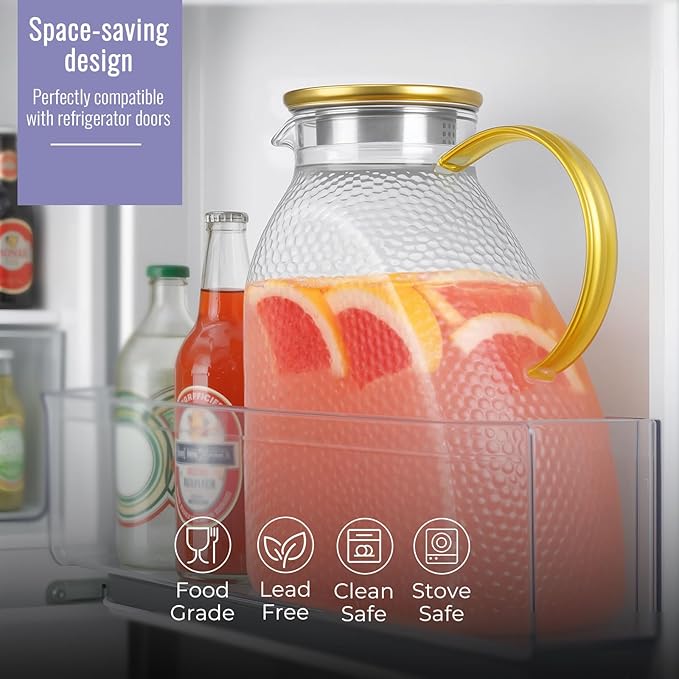 Glass Pitcher With Lid and Spout, 1.8 Liter 60 oz Glass Pitchers With Handle And Lid, Jug Water Pitchers For Fridge, Carafe Jar for Hot/Cold Water Iced Tea Juice Coffee Milk Beverage