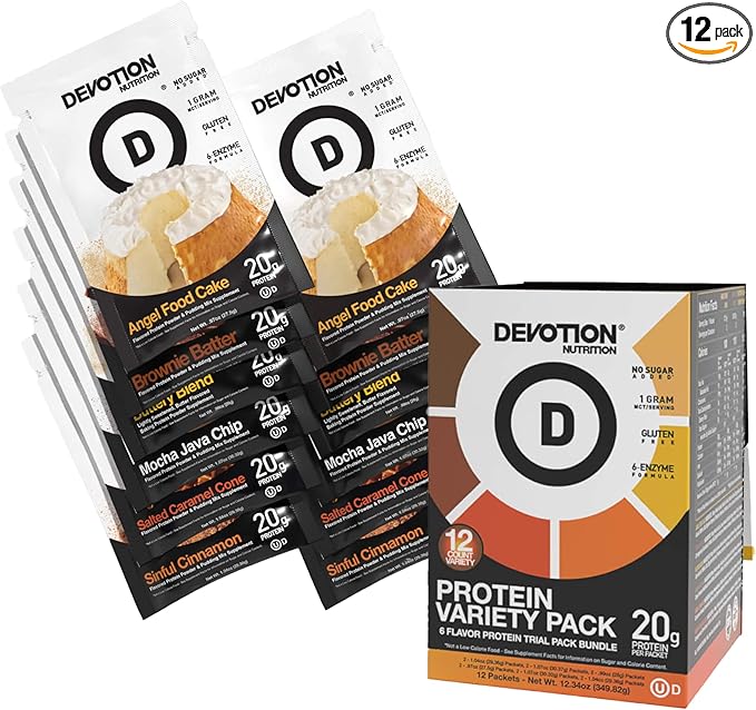 Devotion Nutrition Protein Powder Packets Variety Pack – 6 Flavors – Gluten Free, Keto Friendly, No Added Sugars, 1g MCT, 20g Whey & Micellar Protein per Serving – 12 Single-Serve Packets