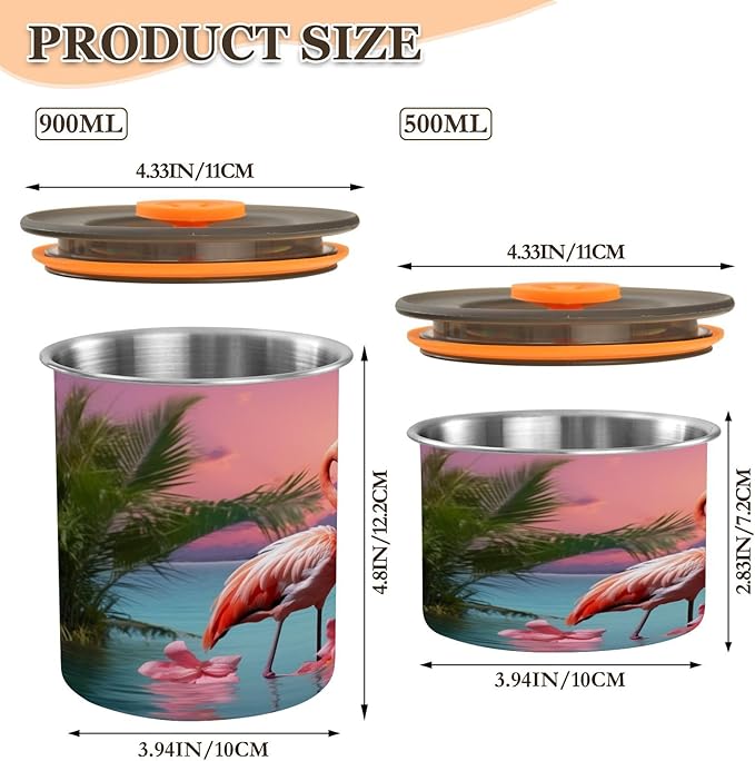 YETTASBIN Flamingo Airtight Food Storage Containers 500ml/19oz, Stainless Steel Coffee Canisters with Vacuum-Lock Lid for Kitchen Organization, Coffee Bean, Tea, Sugar, Flour