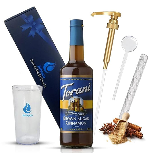 Jimoco Barista Set – Torani Sugar Free Brown Sugar Cinnamon Syrup 25.4 oz, Jimoco Pump, Reusable Cup, Straw & Stirrer – Coffee, Italian Soda & Cocktail Flavoring Kit