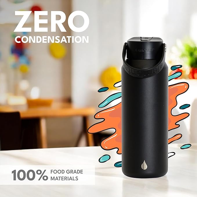 Elemental 40oz Insulated Water Bottle with Straw - 100% Leak-Proof Stainless Steel Core Water Bottles for Travel, Sports and Gym - Double Wall Insulation & BPA Free - Black