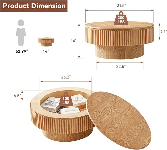 SZTHHDF Round Coffee Table for Living Room,Fluted Drum Accent Tea Center Table with Storage,Circle Modern Coffee Tables for Small Space Office Apartment (31.5" L×31.5''W×14''H-Natural)