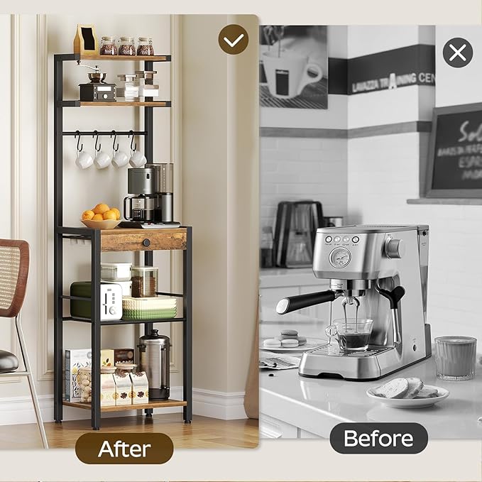 Bakers Rack, 5-Tier Coffee Bar Station, Coffee Stand with Pod Drawer Holder, Versatile Kitchen Storage Rack with 4 Hooks, for Living Room, Cafe Corner, Rustic Brown and Black KF01BRY1