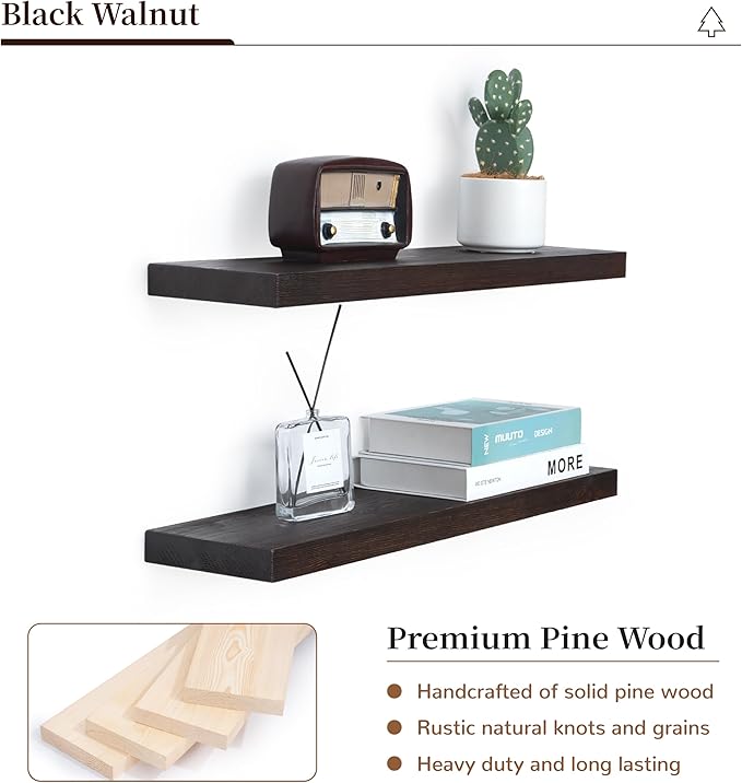 Marsmiles Wood Floating Shelves | 24 Inch Dark Wood Wall Shelves Set of 2 | 24" W x 6.7" D Rustic Wooden Shelves for Bathroom Kitchen Living Room Bedroom