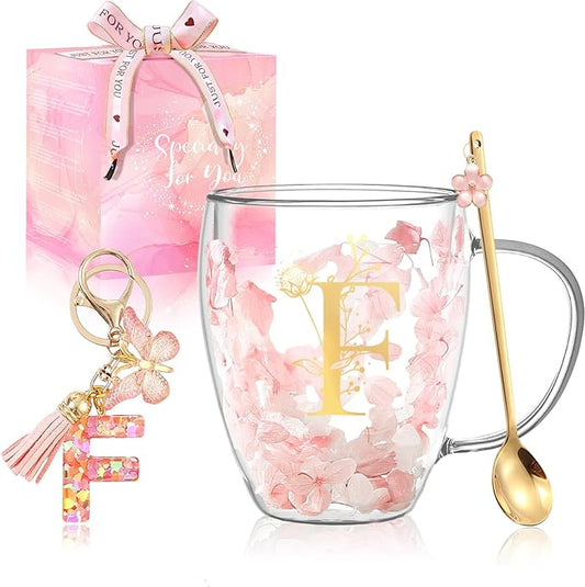Personalized Gift for Women Flower Glass Coffee Mug Initial Tea cup Monogrammed Customized Bridesmaid Bride Wedding Gifts Graduation Gifts Valentine Mother's Day Birthday Christmas Gift (F)