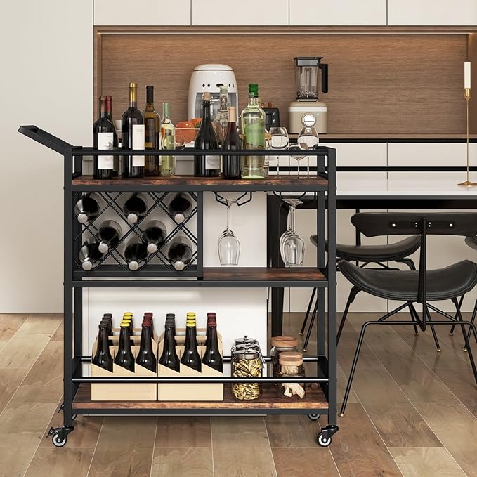Giantex Bar Cart, 3 Tier Serving Cart for Home, 8 Wine Bottles Rack, Glass Holder, Industrial Mobile Kitchen Cart with Lockable Wheels and Handle, Storage Shelves for Drink Beverage
