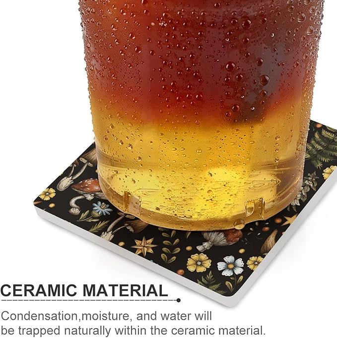 Botanical Drink Coasters, Square Ceramic Drink Coaster Square-6PCS, Cartoon Botanical Floral Rustic Plant Leaves Mushroom Decor Absorbent Ceramic Coasters for Beverage Cup, Bar, Coffee Table