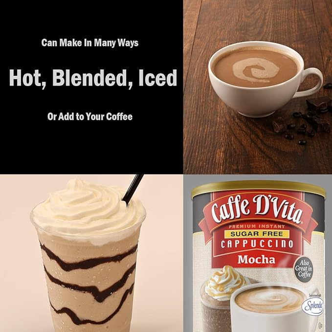Caffe D'Vita Sugar Free Mocha Cappuccino Mix - Sugar Free Mocha Powder Mix, Gluten Free, No Cholesterol, No Hydrogenated Oils, No Trans Fat, 99% Caffeine Free - 8.5 Oz Can, 2-Pack