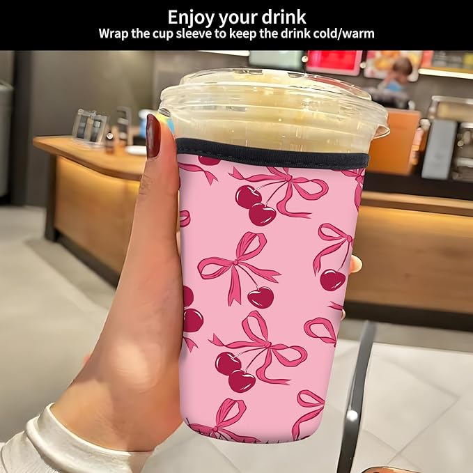 Reusable Neoprene Insulator Sleeve for Iced Coffee Cold Soda Cups, Cute Durable Drink Sleeve for Cold Beverages, Medium 22-28oz Cup Sleeve Cute Pink Bow
