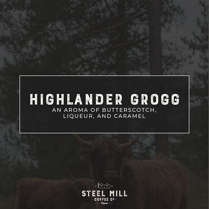 Steel Mill Coffee Co. Highlander Grogg Flavored Coffee – Ground, Medium Roast, 100% Colombian Arabica, Butterscotch Caramel Aroma, Vegan, Gluten-Free, Sugar-Free – 12 oz