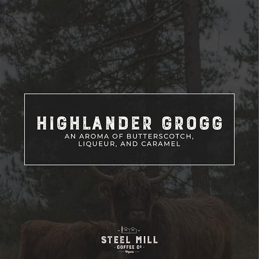 Steel Mill Coffee Co. Highlander Grogg Flavored Coffee – Ground, Medium Roast, 100% Colombian Arabica, Butterscotch Caramel Aroma, Vegan, Gluten-Free, Sugar-Free – 12 oz