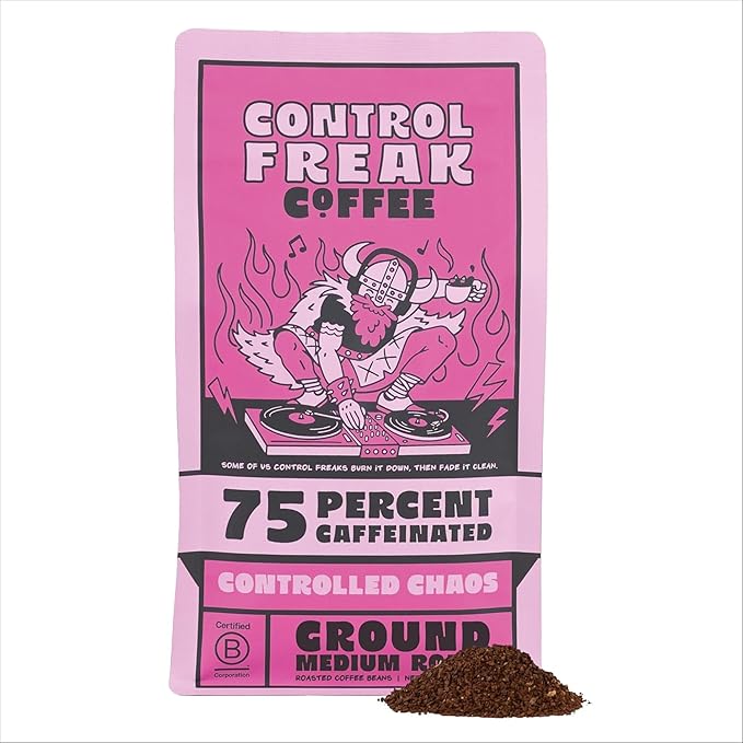 Control Freak Coffee Controlled Chaos 75% Caffeine Ground Coffee (12 oz) – Low Caffeine Coffee Reduced Blend, Sugarcane Decaf – Freshly Roasted Specialty Coffee, Bold, Smooth Roast
