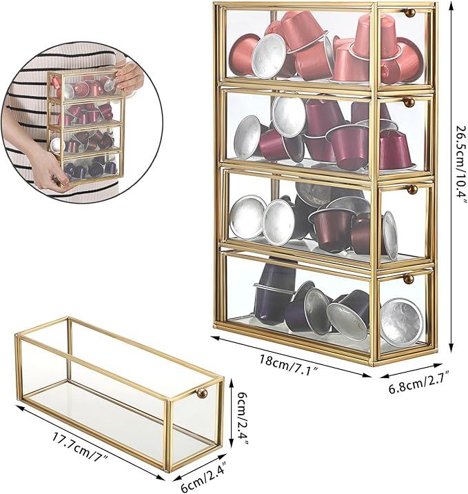 ELLDOO Coffee Pod Holder with 4 Drawers, Gold Glass Coffee Pod Organizer for K Cup Espresso, Clear Coffee Capsule Storage Holder for Coffee Bar Office Home Coffee Station Counter