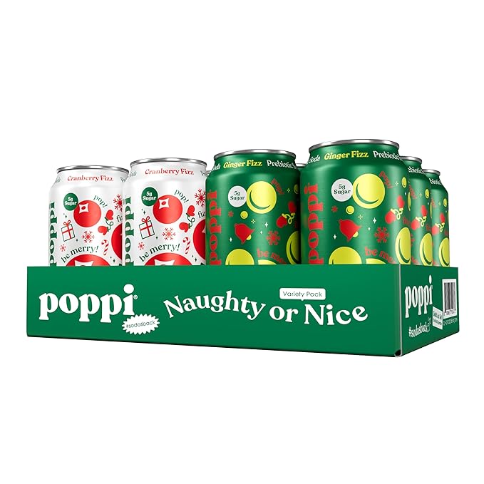 Poppi Sparkling Prebiotic Soda Beverage with Apple Cider Vinegar, Seltzer Water and Fruit Juice, Naughty or Nice Variety Pack, 12 Fl Oz, Pack of 12, Packaging May Vary