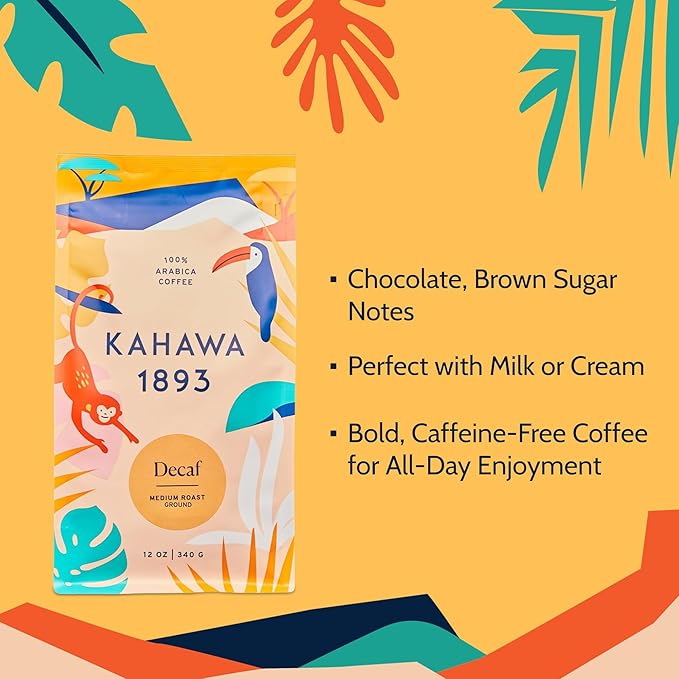 Kahawa 1893 Ground Coffee Medium Roast Decaf Blend 12 Oz - As Seen on Shark Tank, Naturally Sweet, Organically Grown, Ethically & Sustainably Sourced