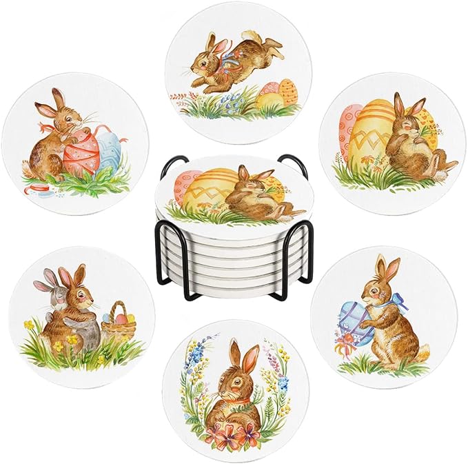 LOKMU Coasters for Drinks,Round Absorbent Ceramic Stone Coaster Sets of 6 with Metal Holder Stand,Watercolor Bunny Happy Easter Coasters with Cork Base for Coffee Wooden Table,Housewarming Gifts