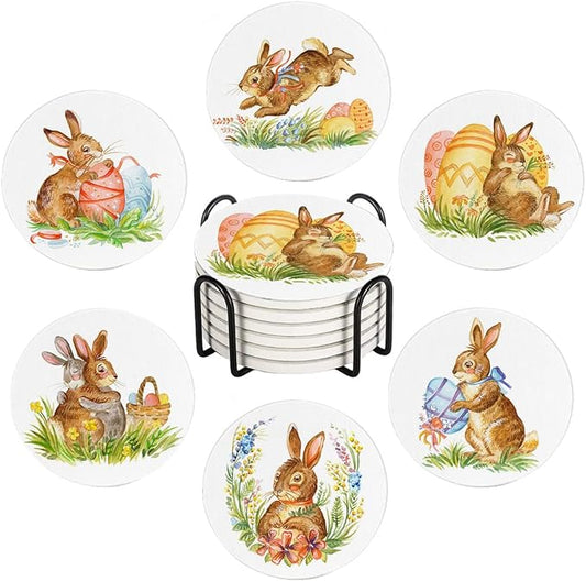 LOKMU Coasters for Drinks,Round Absorbent Ceramic Stone Coaster Sets of 6 with Metal Holder Stand,Watercolor Bunny Happy Easter Coasters with Cork Base for Coffee Wooden Table,Housewarming Gifts