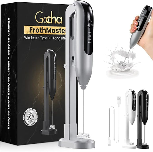 GOCHA | FrothMaster X2 Rechargeable Milk Frother – 2-Speed Handheld Foam Maker for Coffee, Lattes, Matcha – USB-C Charging, Stainless Steel Whisk, Stand Included (Silver)
