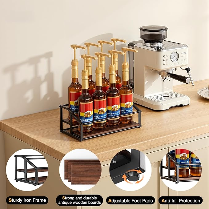 kimilus Coffee Syrup Organizer Rack, Liquor Bottle Display Shelf, 2 Tier 8 Syrup Bottles Holder Stand for Coffee Bar Kitchen Small Wine Rack for Family Storage for Syrup Wine Dressing