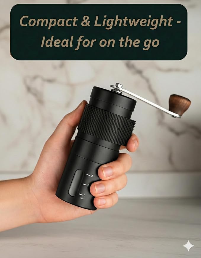 Manual Coffee Grinder with Ceramic Conical Burr - AeroPress Compatible Hand Coffee Mill with Click-Lock Stepless Adjustment - Portable Precision Espresso Grinder for Camping, Home & Travel