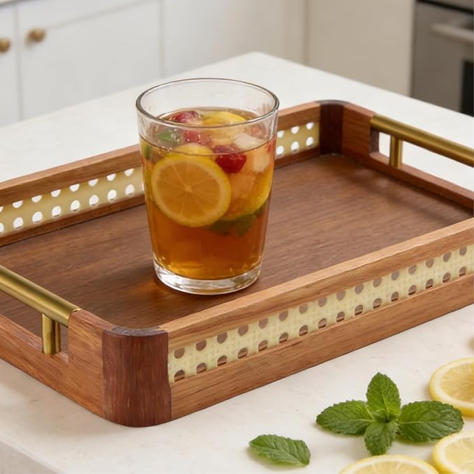 Acacia Wood Serving Tray with Handles, Decorative Wooden Tray for Ottoman, Coffee Table, Rectangular Tray Decor for Living Room, Bedroom, Kitchen, Breakfast in Bed