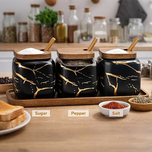 3 Pcs Porcelain Condiment Jar Pot Spice Container Ceramic Seasoning Jar with Lid Spoon and Tray Great for Home Kitchen Counter, Black