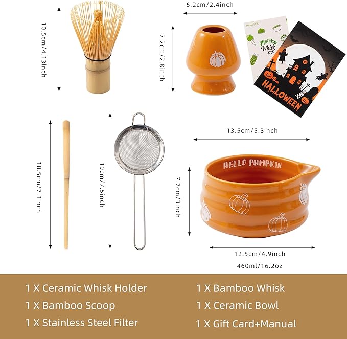 5pcs Pumpkin Matcha Set,Ceramic Bowl with Spout and Bamboo Whisk set, Ceremonical Matcha Kit for breakfast/latte,Tea Starter Making Kit,Unique Matcha Halloween Thanksgiving Gift set (pumpkin)