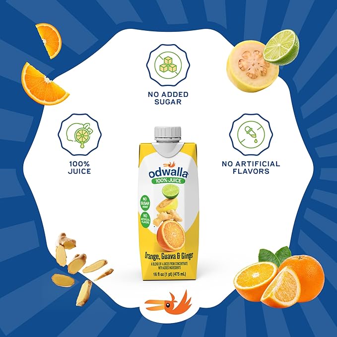 Odwalla Orange, Guava, Ginger Juice – Natural Ingredients, No Added Sugar, No Artificial Flavors or Colors - 16 oz (12 Pack)